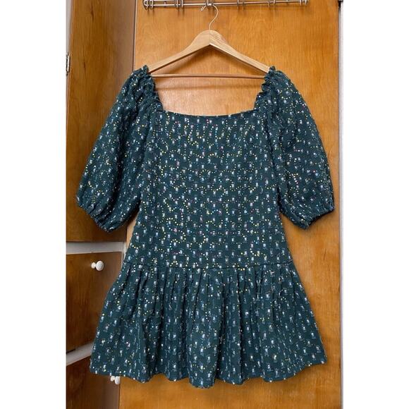 Queen Of Sparkles Green Drop Waist Denim Sequin Dress Puff Sleeves Mini Size M - Picture 2 of 8